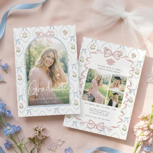 Wilde bloem Roze Strik Vier Foto Afstuderen Kaart