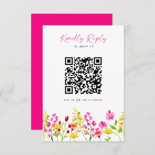 Wilde bloem RSVP QR Code Floral Script (Voorkant / Achterkant)