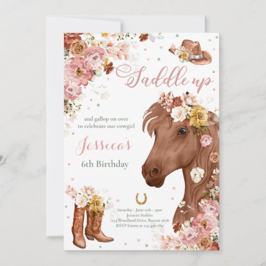 Wilde bloem Rustic Horse Cowgirl Birthday Party Kaart (Voorkant)