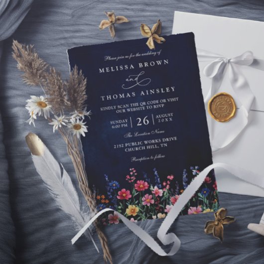 Wilde Bloem Rustieke Boho Navy Chic QR Code Trouwe Kaart