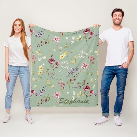 Wilde Bloem Salie Groene Aangepaste Naam Bruidsmei Fleece Deken (In situ)