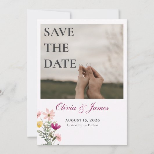Wilde Bloem Save the Date | Roze Bloemen Foto (Voorkant)
