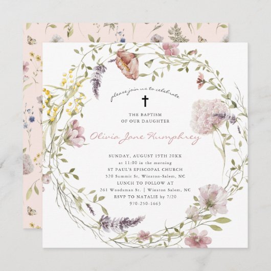 Wilde bloem Spring Summer Floral Baptism Invitatio Kaart (Voorkant / Achterkant)