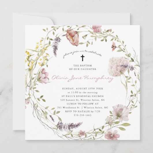 Wilde bloem Spring Summer Floral Baptism Invitatio Kaart (Voorkant)