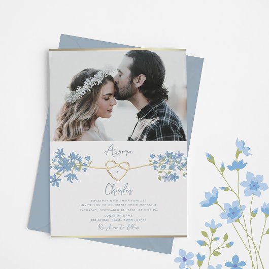Wilde Bloem Stof Blauw Bruiloft Kaart