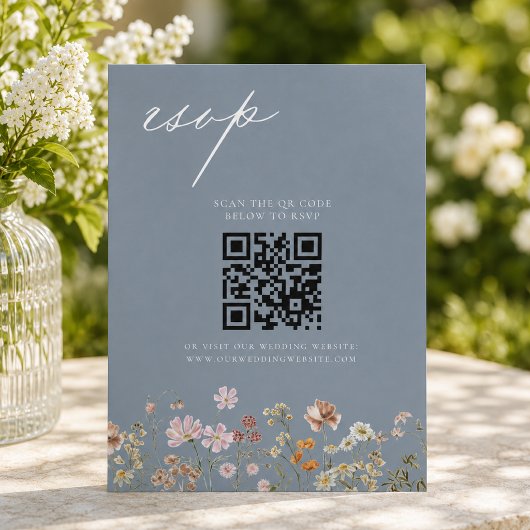 Wilde Bloem Stofblauw QR Code Huwelijksreactie Kaart