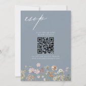 Wilde Bloem Stofblauw QR Code Huwelijksreactie Kaart (Voorkant)