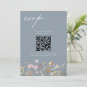 Wilde Bloem Stofblauw QR Code Huwelijksreactie Kaart (Staand voorkant)