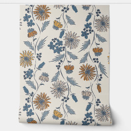 Wilde Bloem Strepen - Gedempeld Goud En Denim Blau Behang