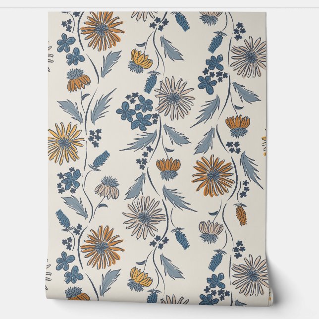 Wilde Bloem Strepen - Gedempeld Goud En Denim Blau Behang (Afrollen)