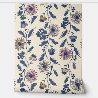 Wilde Bloem Strepen - Lavendel En Denimblauw Behang