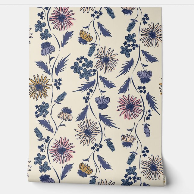 Wilde Bloem Strepen - Lavendel En Denimblauw Behang (Afrollen)