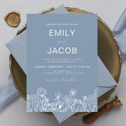 Wilde bloem Stusty Blue Botanical Wedding Kaart