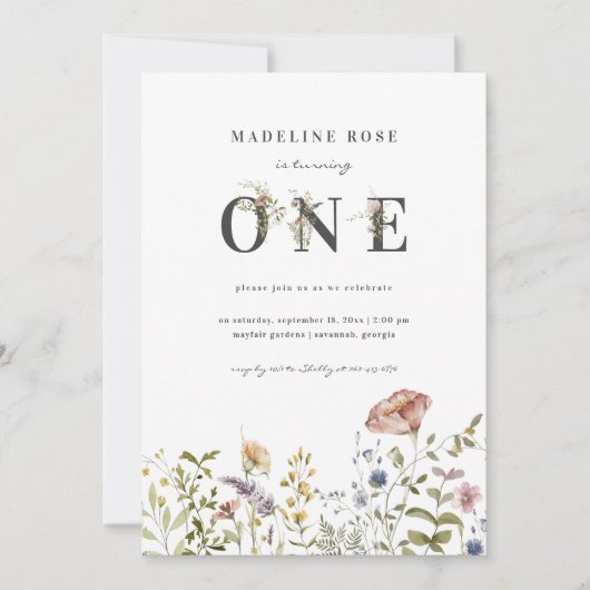 Wilde bloem Theme Girl 1st Birthday Kaart (Voorkant)