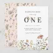 Wilde bloem Theme Girl 1st Birthday Kaart (Voorkant / Achterkant)