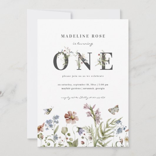 Wilde bloem Theme Girl 1st Birthday Kaart (Voorkant)