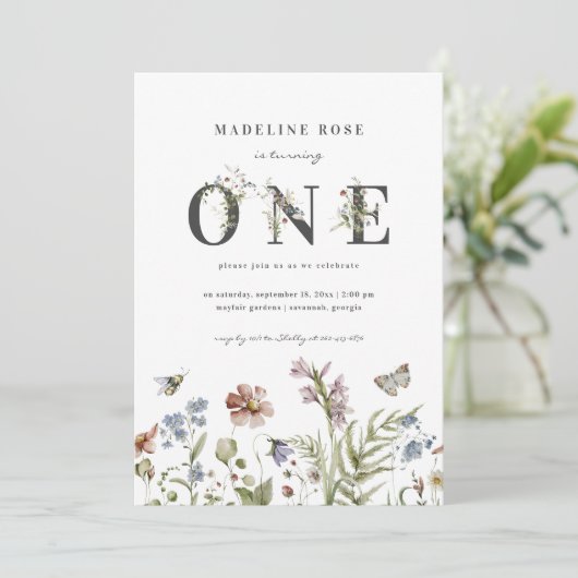 Wilde bloem Theme Girl 1st Birthday Kaart (Staand voorkant)