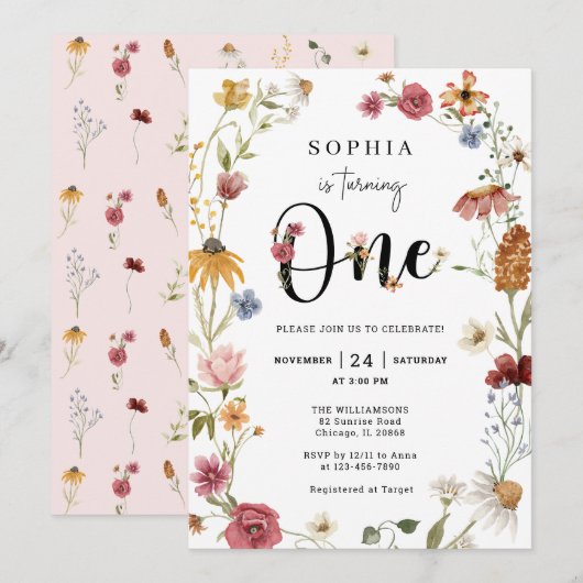 Wilde bloem Theme Girl 1st Birthday Uitnodiging (Voorkant / Achterkant)