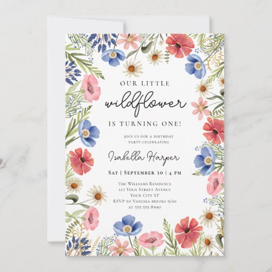 Wilde bloem Theme Girl 1st Birthday Uitnodiging (Voorkant)