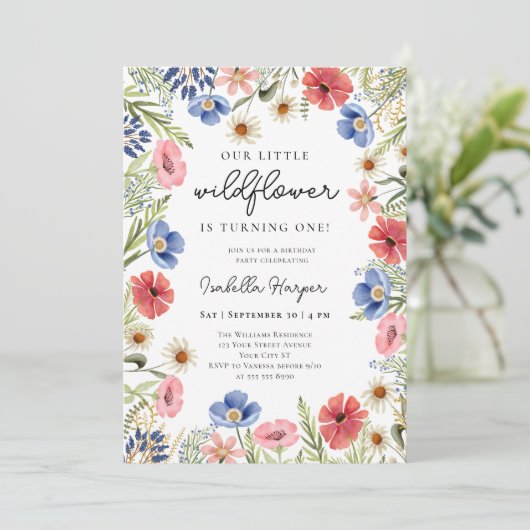 Wilde bloem Theme Girl 1st Birthday Uitnodiging (Staand voorkant)