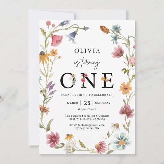 Wilde bloem Theme Girl 1ste verjaardag Foto Kaart (Voorkant)