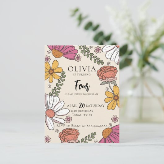 Wilde bloem Theme Girl Birthday Briefkaart (Staand voorkant)