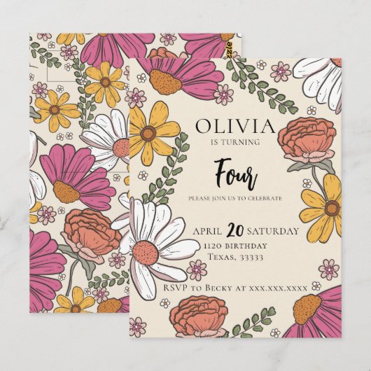 Wilde bloem Theme Girl Birthday Briefkaart (Voorkant / Achterkant)