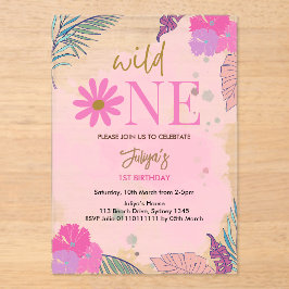 Wilde bloem tropisch blad baby meisje 1e verjaarda acryl uitnodigingen