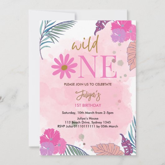 Wilde bloem tropisch blad baby meisje 1e verjaarda kaart (Voorkant)