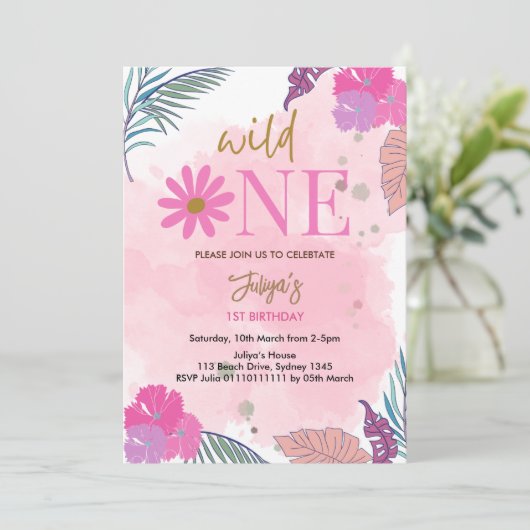 Wilde bloem tropisch blad baby meisje 1e verjaarda kaart (Staand voorkant)