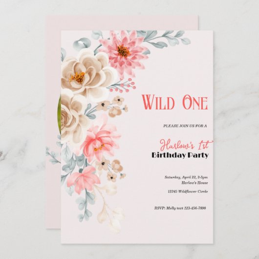 Wilde bloem - uitnodiging | Eerste wilde bloem (Voorkant / Achterkant)