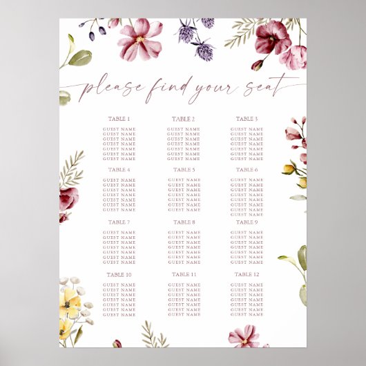 Wilde bloem verjaardag zitplaatskaart poster (Voorkant)
