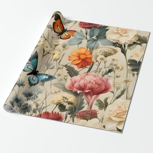 Wilde Bloem Vlinder Cadeaupapier (Uitgerold)