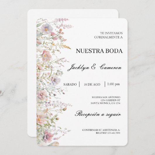 Wilde bloem water kleur Spaans bruiloft uitnodigin Kaart (Voorkant / Achterkant)
