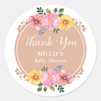 Wilde Bloem Waterverf Baby Shower Bedankt Ronde Sticker