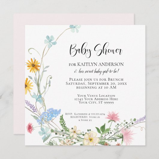 Wilde bloem Waterverf Baby shower Kaart (Voorkant / Achterkant)