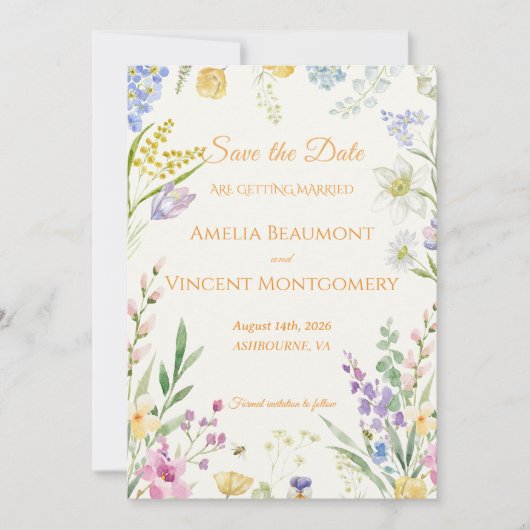 Wilde Bloem Waterverf Bloemige Bewaar de Datum Kaa (Voorkant)