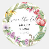 Wilde bloem waterverf script save the date ronde sticker (Voorkant)