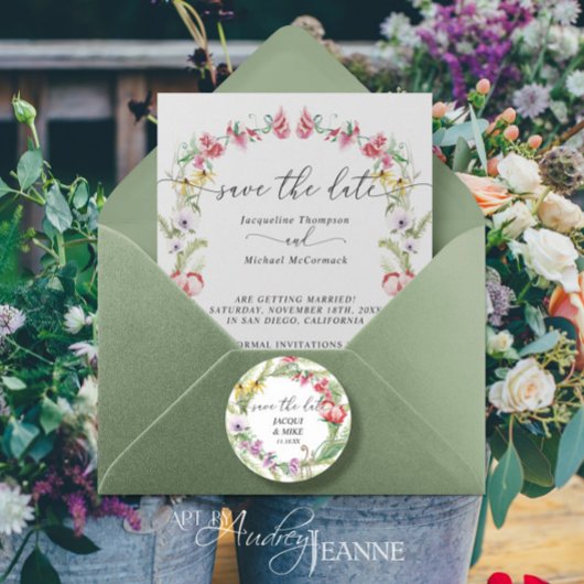 Wilde bloem waterverf script save the date ronde sticker