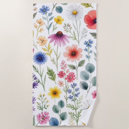 Wilde Bloem Waterverf Weide Botanische Bloemstuk Strandlaken (Voorkant)