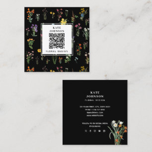 Wilde Bloem Waterverf Zwarte Bloemige Designer Boh Vierkante Visitekaartje