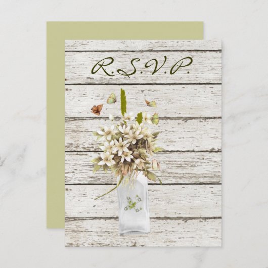 wilde bloem , witgewassen hout , bruiloft frans la uitnodiging briefkaart (Voorkant / Achterkant)