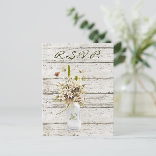 wilde bloem , witgewassen hout , bruiloft frans la uitnodiging briefkaart (Staand voorkant)