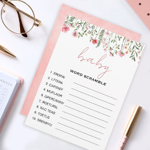 Wilde bloem woord scramble baby shower spellen advieskaart