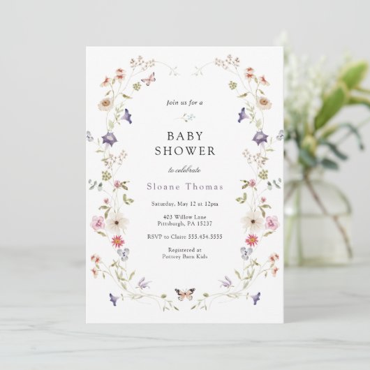 Wilde bloem Wreator Baby shower Invitation Kaart (Staand voorkant)