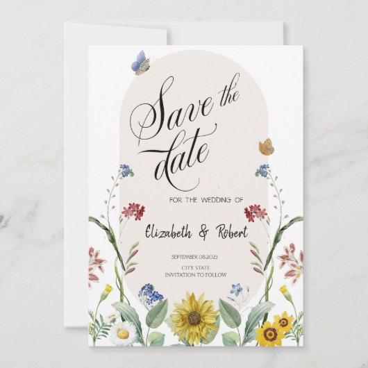 Wilde bloem Zonnebloem Vlinders Bewaar de datum Save The Date (Voorkant)