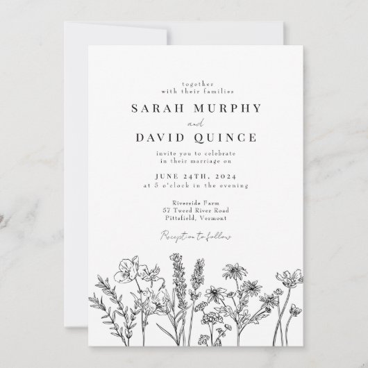 Wilde bloem Zwart-wit Elegant Wedding Kaart (Voorkant)