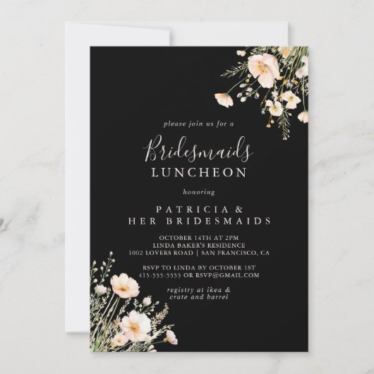 Wilde bloem Zwarte Bruidsmeisjes Luncheon Borrel Kaart (Voorkant)