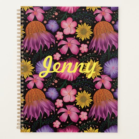 Wilde bloem Zwarte Floral Gepersonaliseerd Planner (Voorkant)