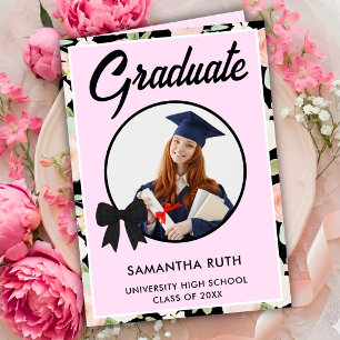 Wilde Bloem Zwarte Gingham Strik Foto Afstuderen Kaart